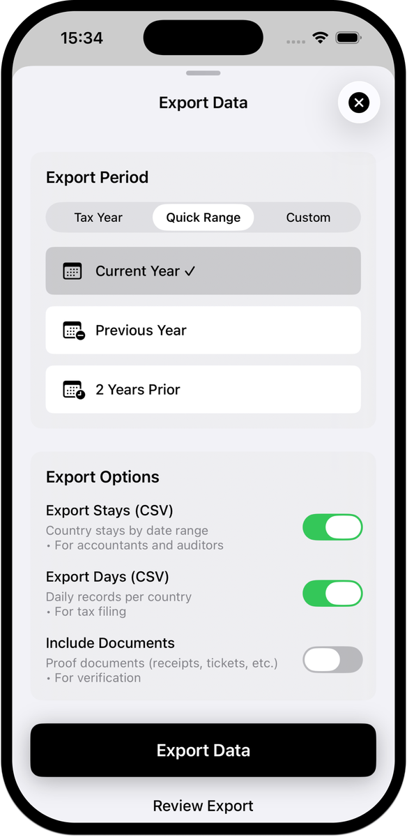 Export Data screen on iPhone with tax year and quick range options and toggles to export stays and days as CSV with proof documents