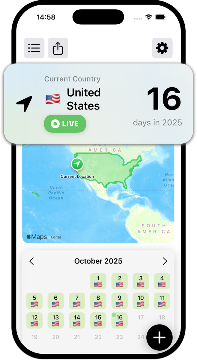 Tax Residency Tracker home screen on iPhone highlighting the live current-country card as the app auto-detects your location and counts days