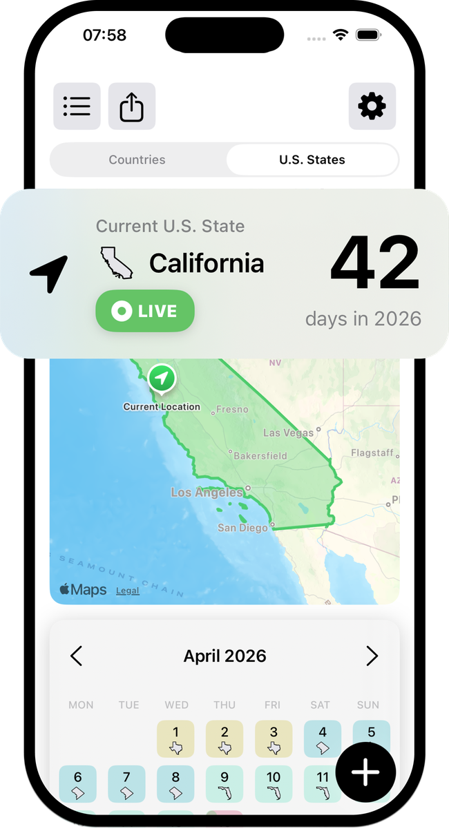 Tax Residency Tracker US States tab on iPhone showing California as the current state with 42 days counted and a live state map